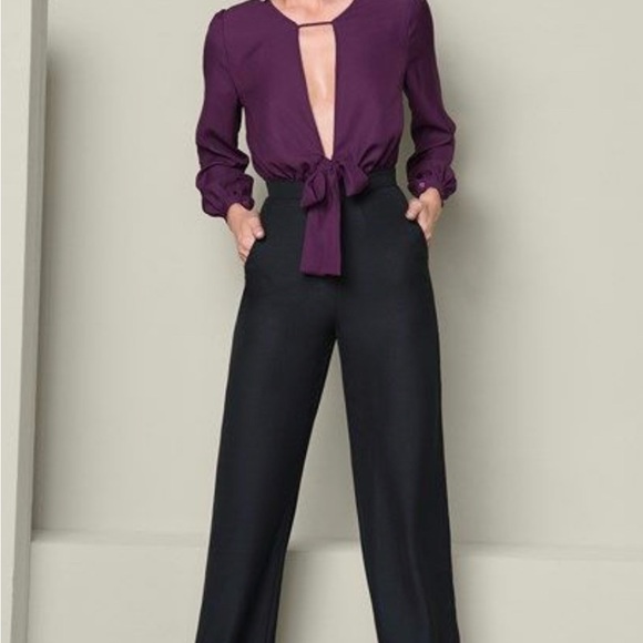 VENUS Pants - VENUS Plum Deep V Blouse-Top Wide-Leg Jumpsuit